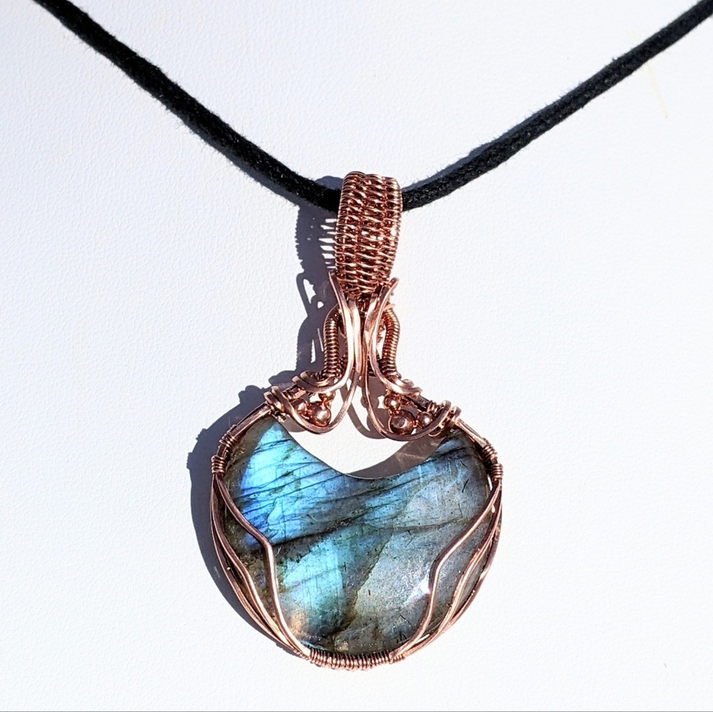 Ethereal Moon Pendant-Artisan-Blue Labradorite Gemstone-Copper Wire Wrap - Picture 6 of 17